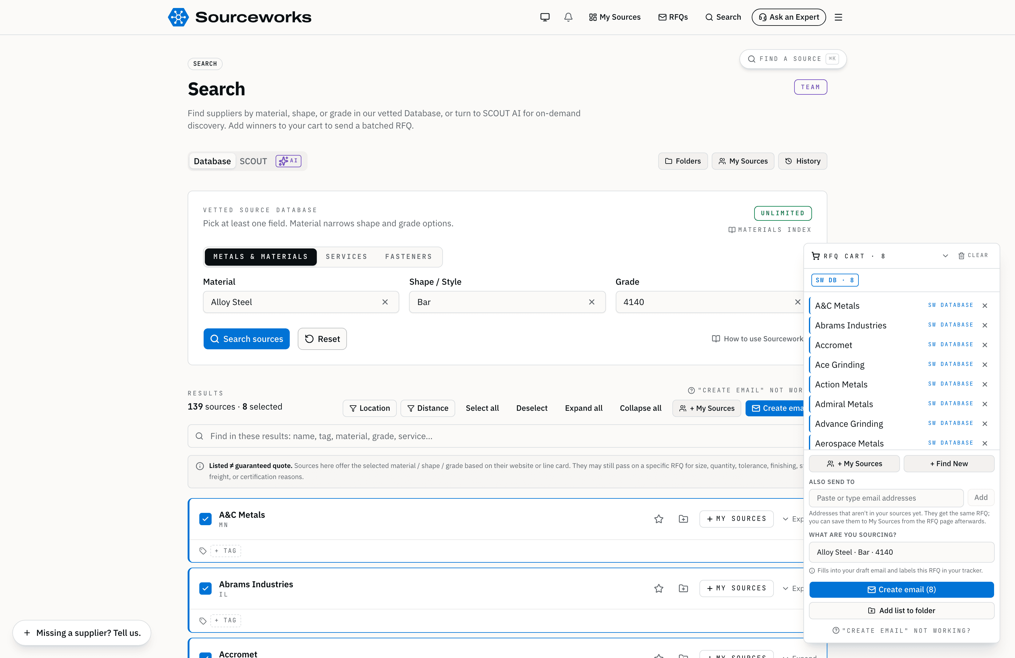 Sourceworks Database search — material, shape, and grade dropdowns with curated supplier results