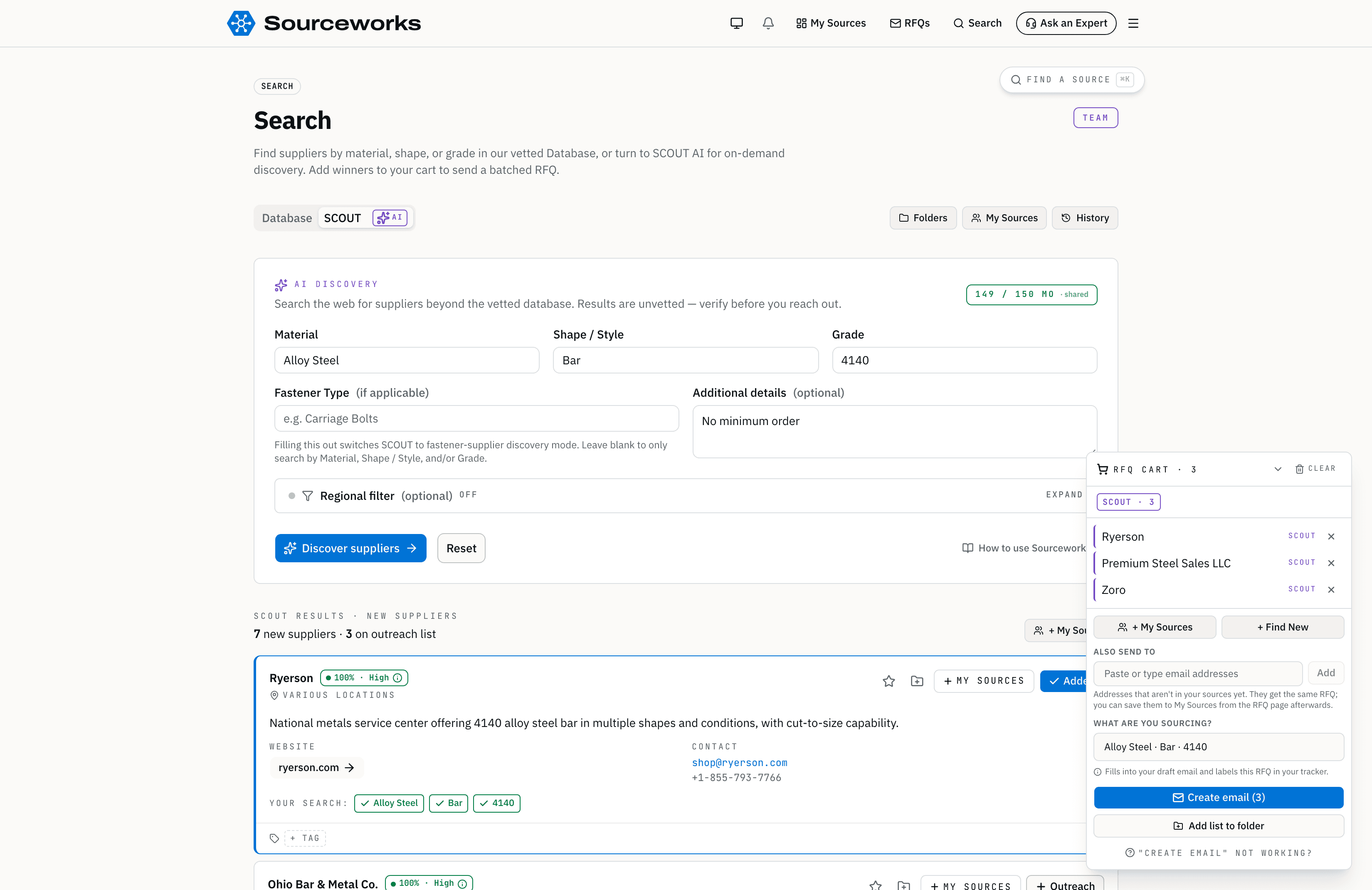 Sourceworks SCOUT AI search — discovering suppliers beyond the curated database with confidence-scored results