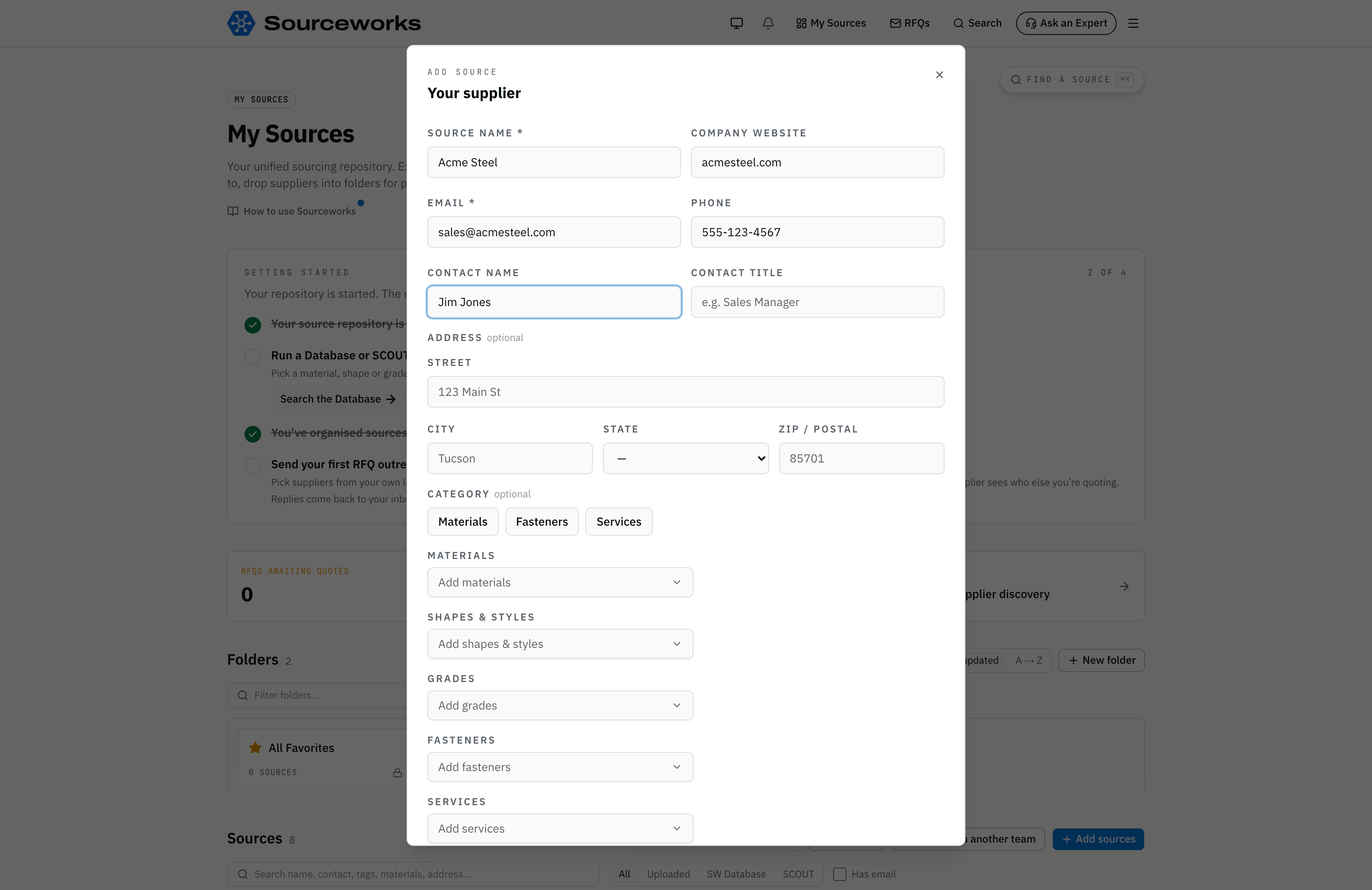 The Add Source modal, partially filled in — main identity fields, categories, and the optional capability taxonomy.