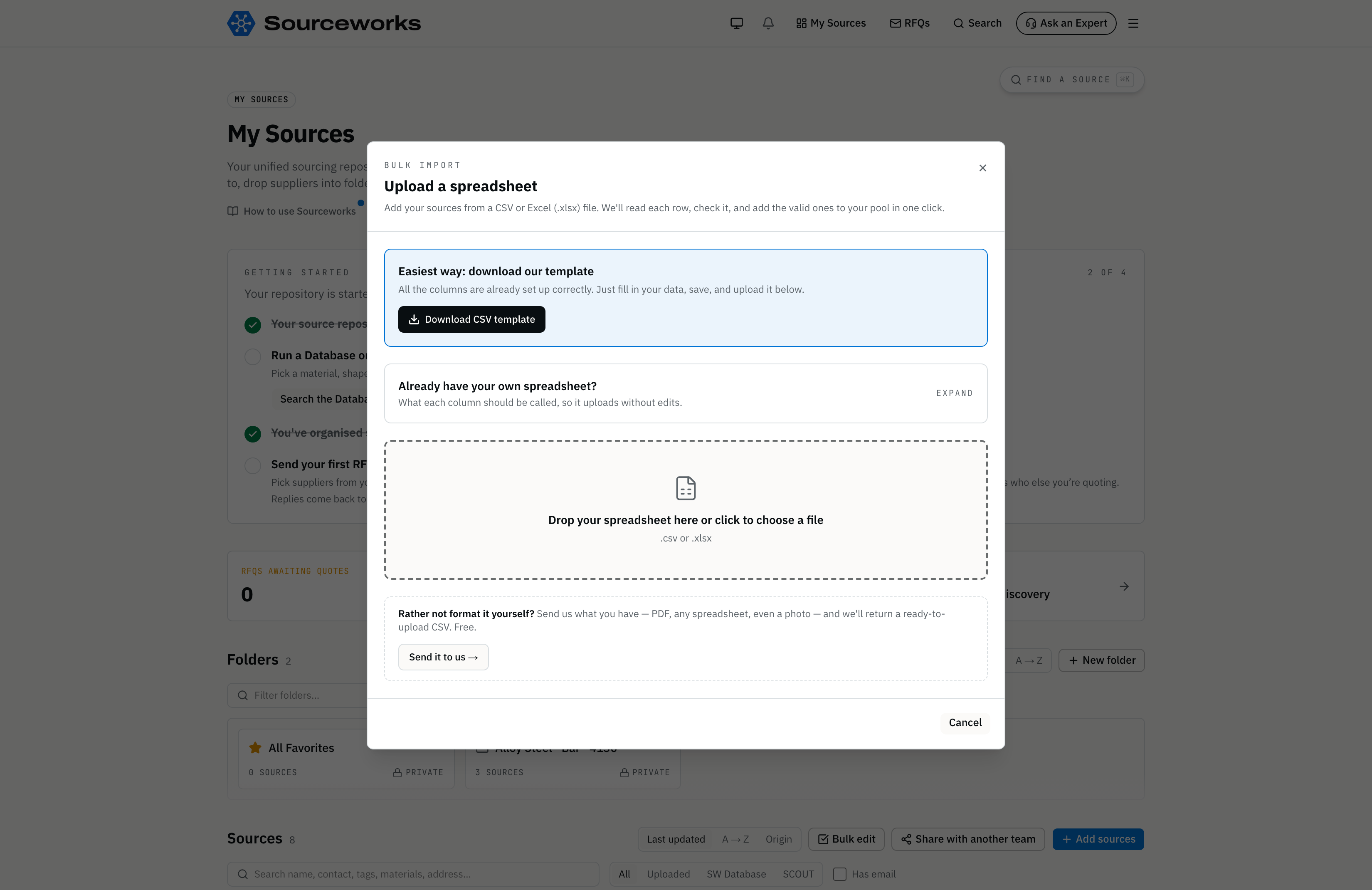 The Upload Spreadsheet modal — numbered column instructions and the click-anywhere drop zone.