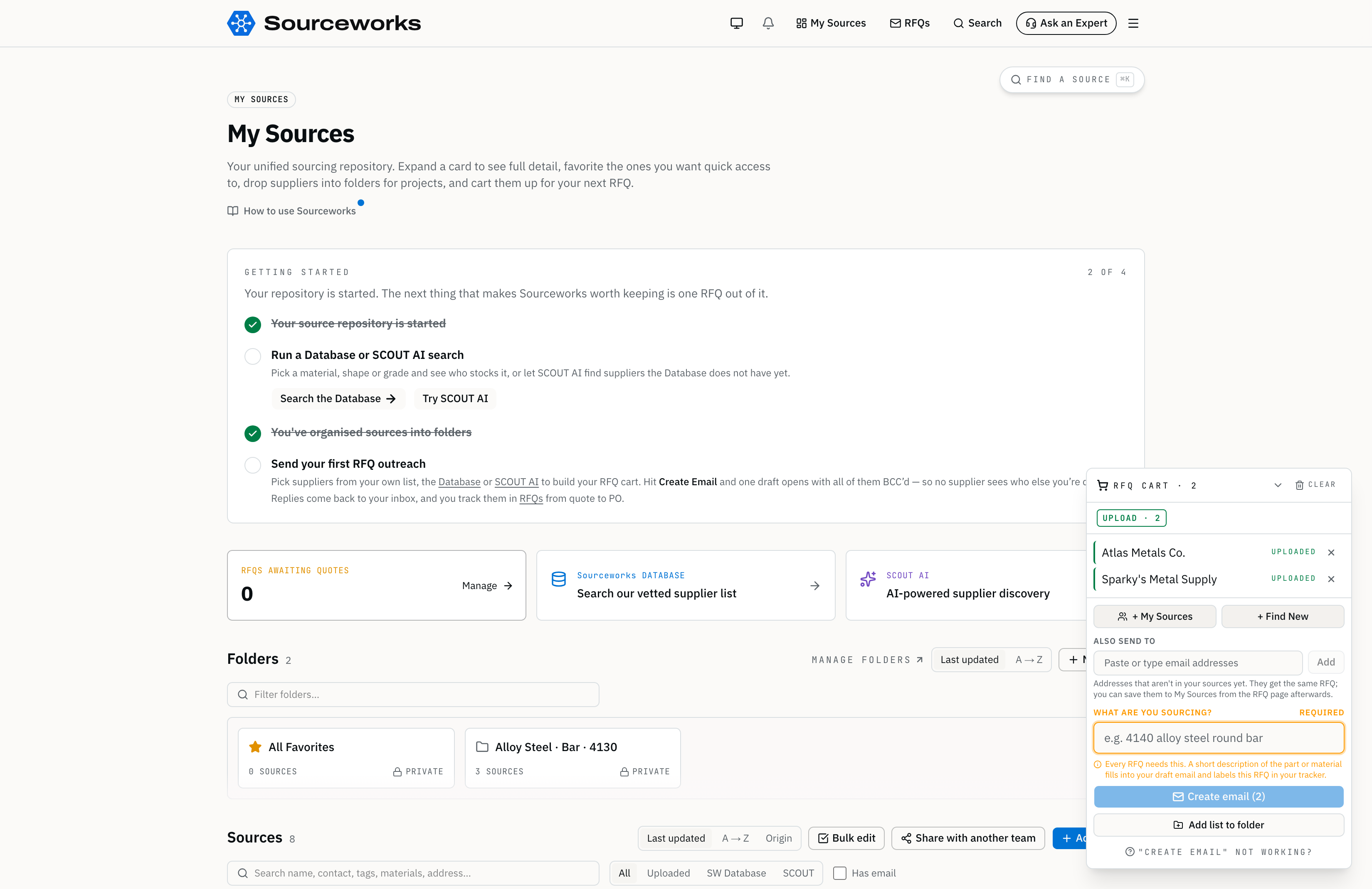 The Source Pool page with several sources checked — floating Create Email action bar visible in the bottom-right.